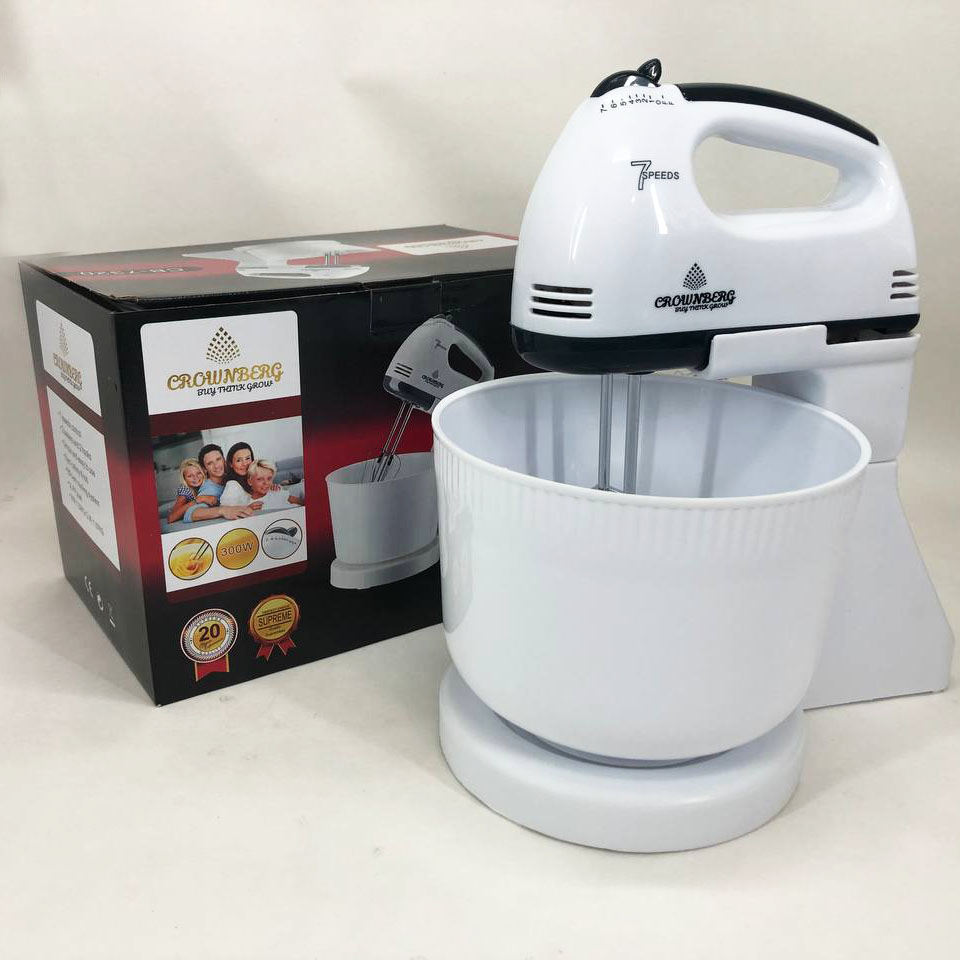 Миксер Crownberg CB-7320 ручной с подставкой и емкостью 2л 300 Вт на 7 скоростей, кухонный тестомес