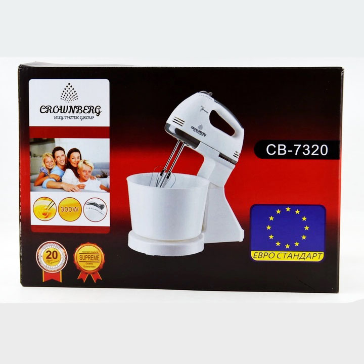 Миксер Crownberg CB-7320 ручной с подставкой и емкостью 2л 300 Вт на 7 скоростей, кухонный тестомес