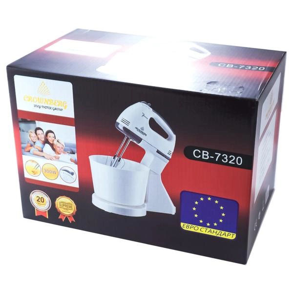 Миксер Crownberg CB-7320 ручной с подставкой и емкостью 2л 300 Вт на 7 скоростей, кухонный тестомес