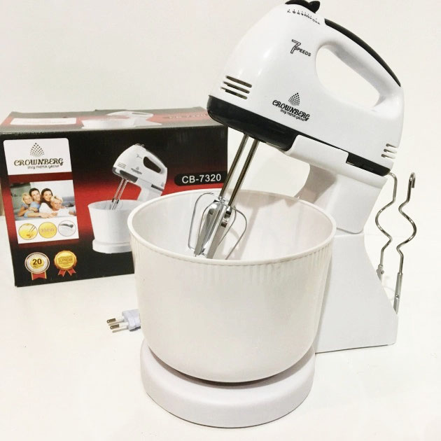 Миксер Crownberg CB-7320 ручной с подставкой и емкостью 2л 300 Вт на 7 скоростей, кухонный тестомес