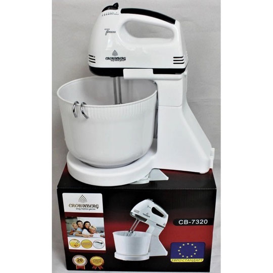 Миксер Crownberg CB-7320 ручной с подставкой и емкостью 2л 300 Вт на 7 скоростей, кухонный тестомес