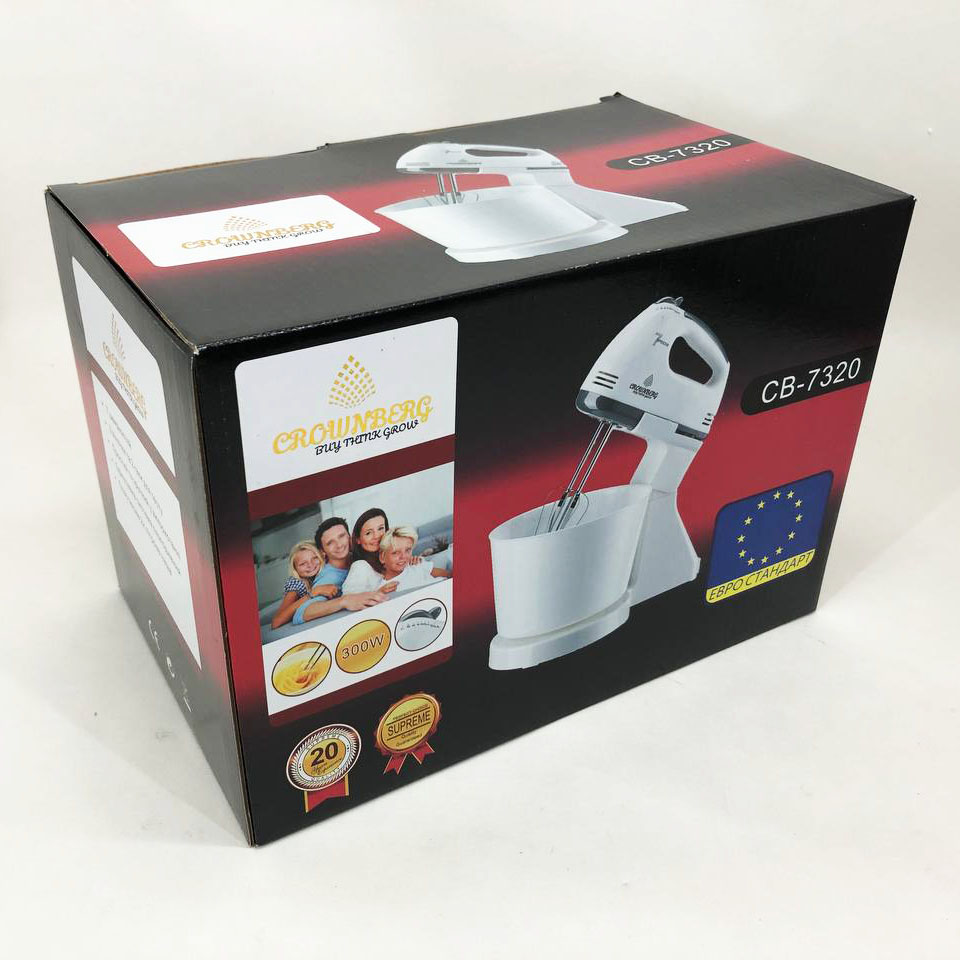 Миксер Crownberg CB-7320 ручной с подставкой и емкостью 2л 300 Вт на 7 скоростей, кухонный тестомес