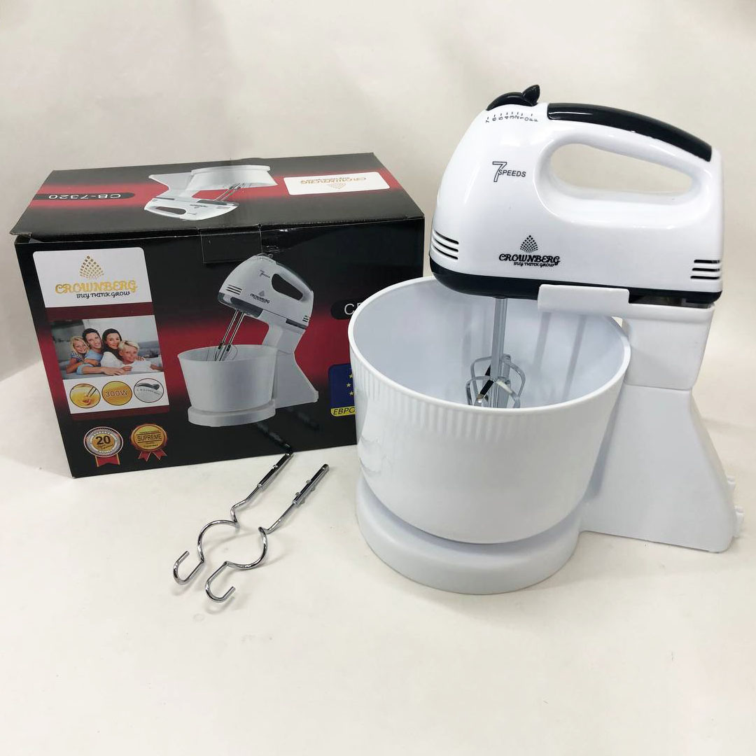 Миксер Crownberg CB-7320 ручной с подставкой и емкостью 2л 300 Вт на 7 скоростей, кухонный тестомес