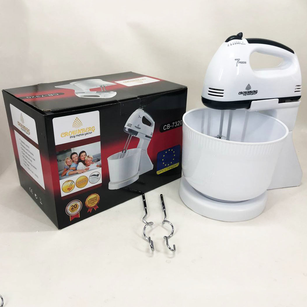 Миксер Crownberg CB-7320 ручной с подставкой и емкостью 2л 300 Вт на 7 скоростей, кухонный тестомес