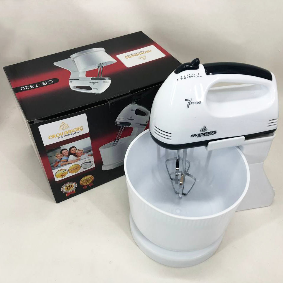 Миксер Crownberg CB-7320 ручной с подставкой и емкостью 2л 300 Вт на 7 скоростей, кухонный тестомес