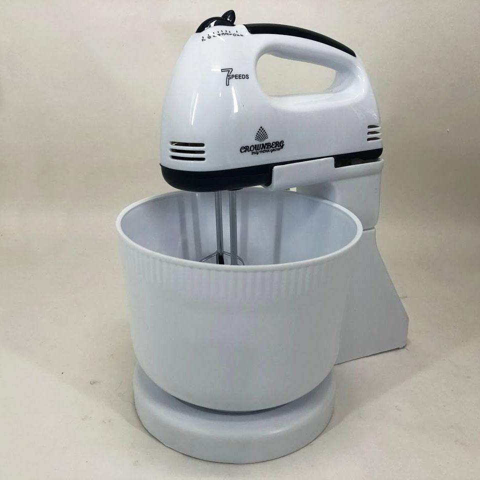Миксер Crownberg CB-7320 ручной с подставкой и емкостью 2л 300 Вт на 7 скоростей, кухонный тестомес
