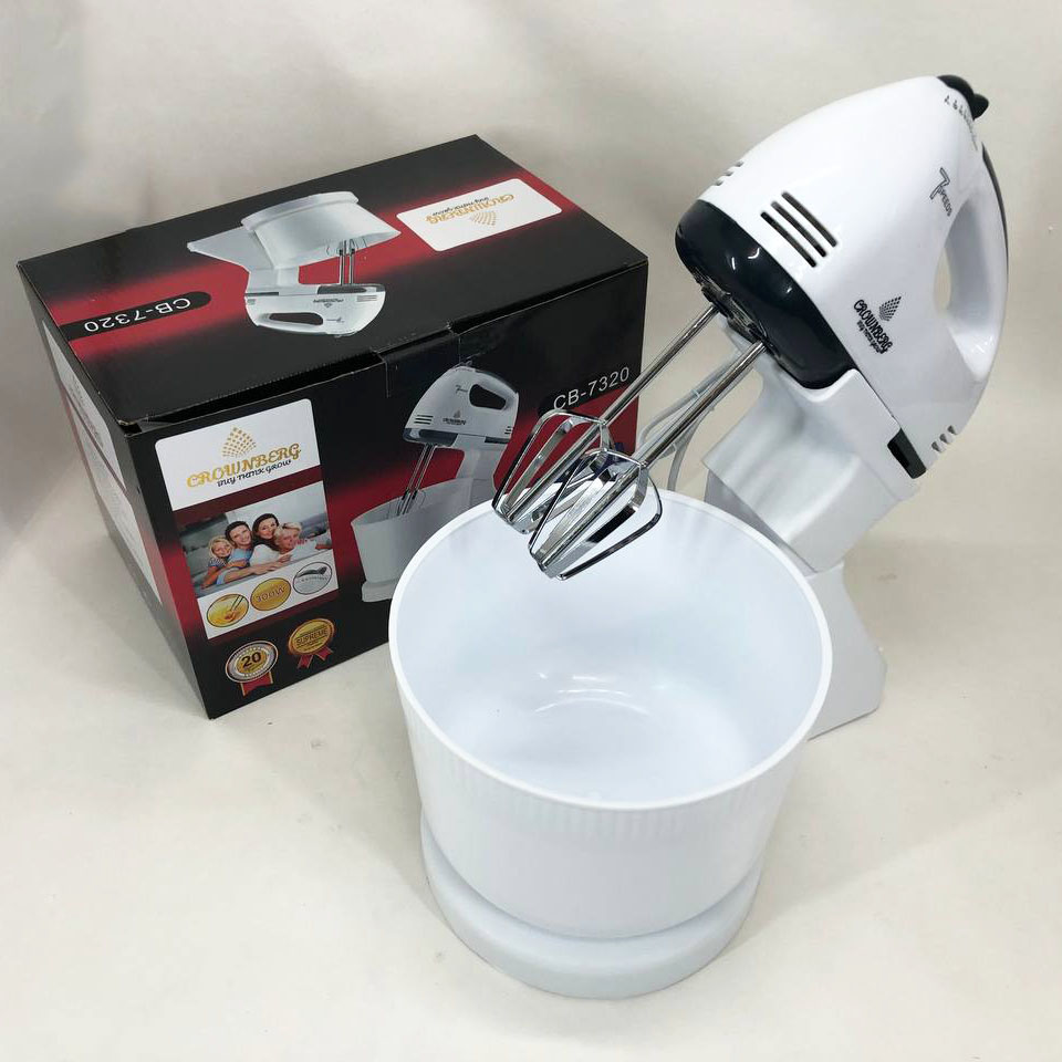 Миксер Crownberg CB-7320 ручной с подставкой и емкостью 2л 300 Вт на 7 скоростей, кухонный тестомес