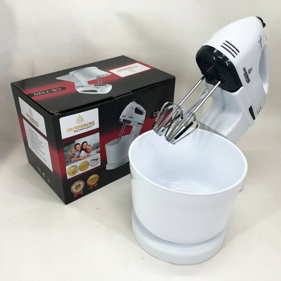 Миксер Crownberg CB-7320 ручной с подставкой и емкостью 2л 300 Вт на 7 скоростей, кухонный тестомес