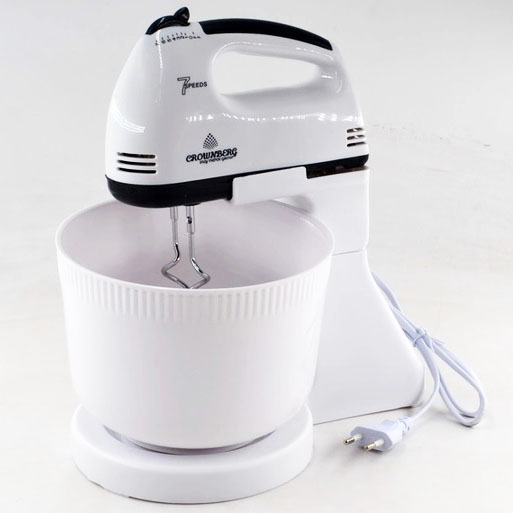 Миксер Crownberg CB-7320 ручной с подставкой и емкостью 2л 300 Вт на 7 скоростей, кухонный тестомес