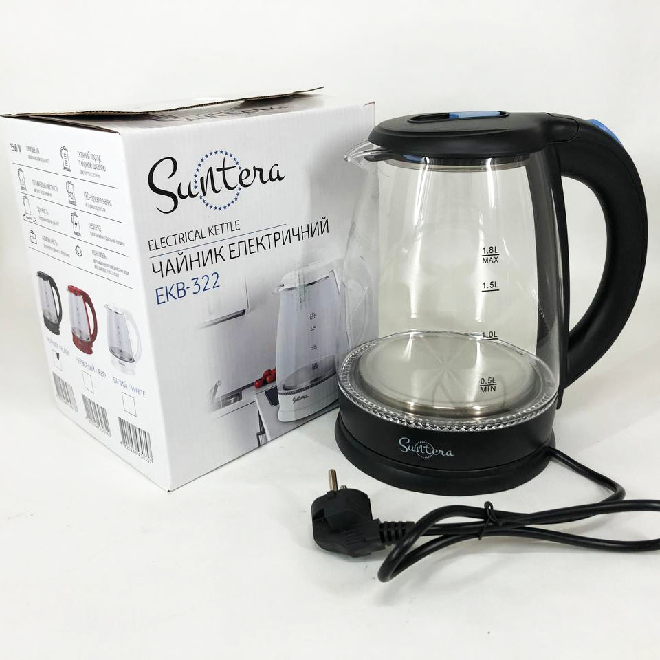 Стеклянные электрические чайники с подсветкой Suntera EKB-322B 1500 Вт чайники с подсветкой. Цвет: черный