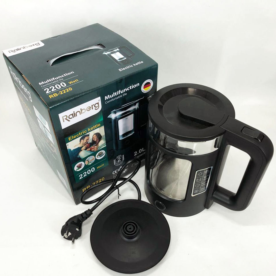 Электрочайник Rainberg RB-2220 стеклянный, дисковый прозрачный. Чайник с подсветкой 2200W. Цвет: черный