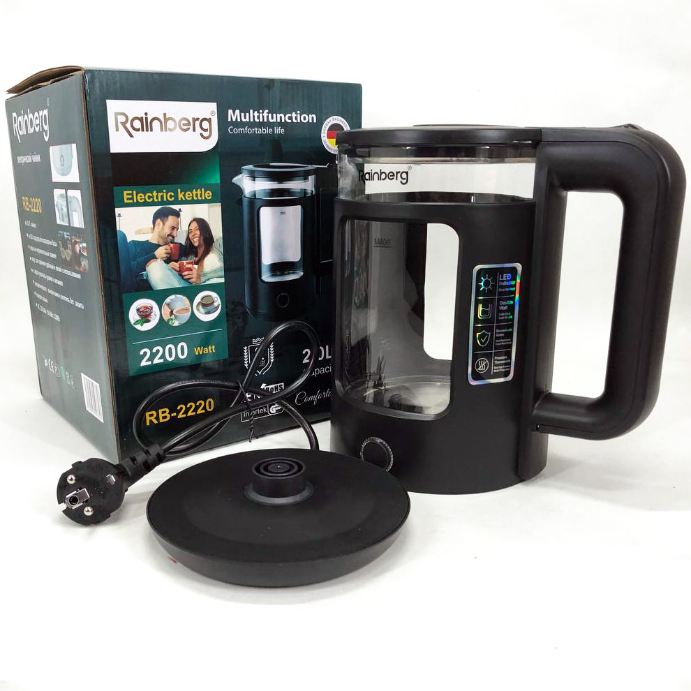 Электрочайник Rainberg RB-2220 стеклянный, дисковый прозрачный. Чайник с подсветкой 2200W. Цвет: черный