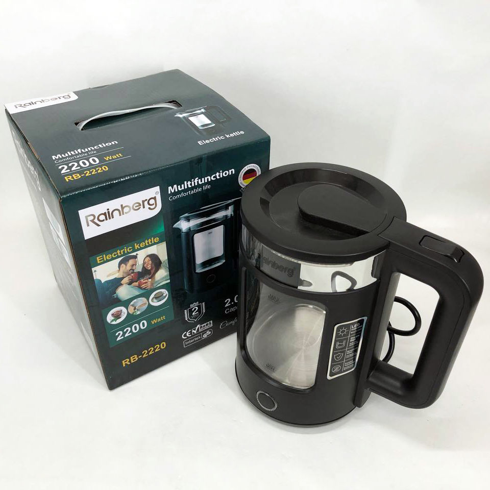 Электрочайник Rainberg RB-2220 стеклянный, дисковый прозрачный. Чайник с подсветкой 2200W. Цвет: черный