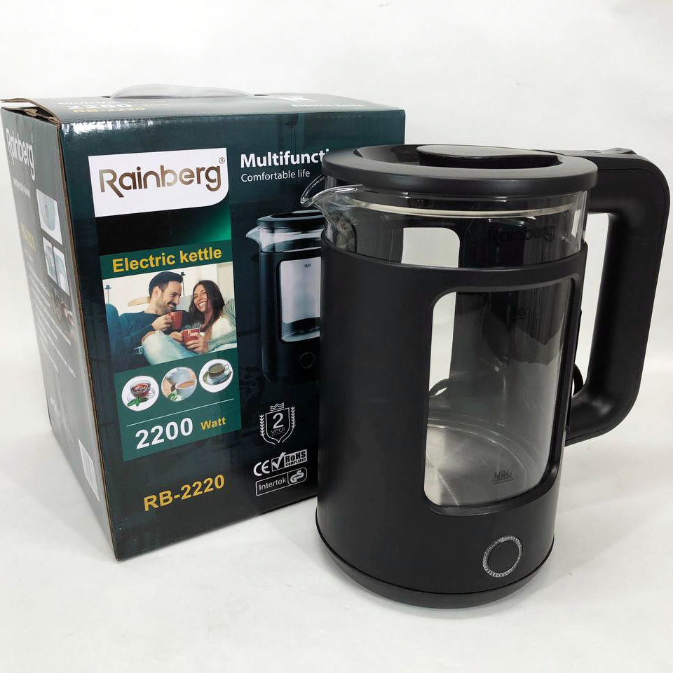 Электрочайник Rainberg RB-2220 стеклянный, дисковый прозрачный. Чайник с подсветкой 2200W. Цвет: черный