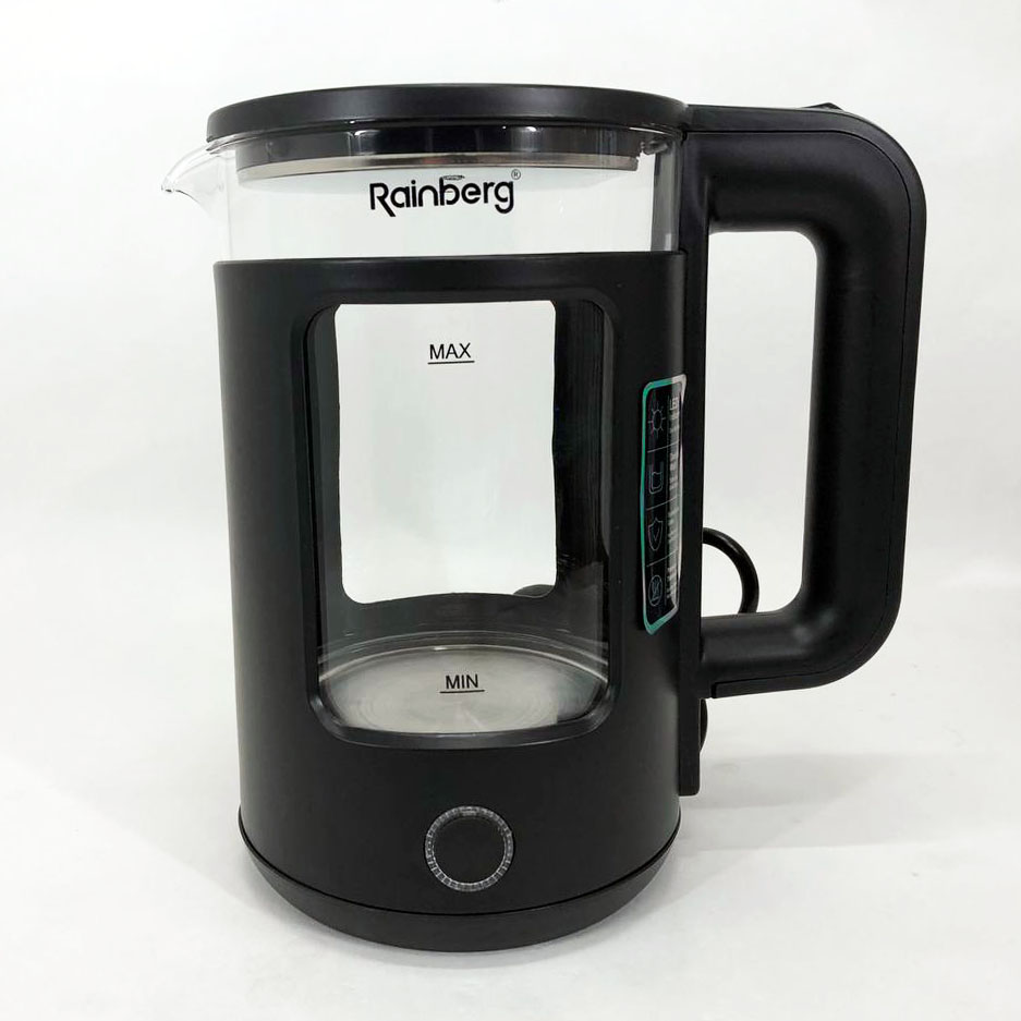 Электрочайник Rainberg RB-2220 стеклянный, дисковый прозрачный. Чайник с подсветкой 2200W. Цвет: черный