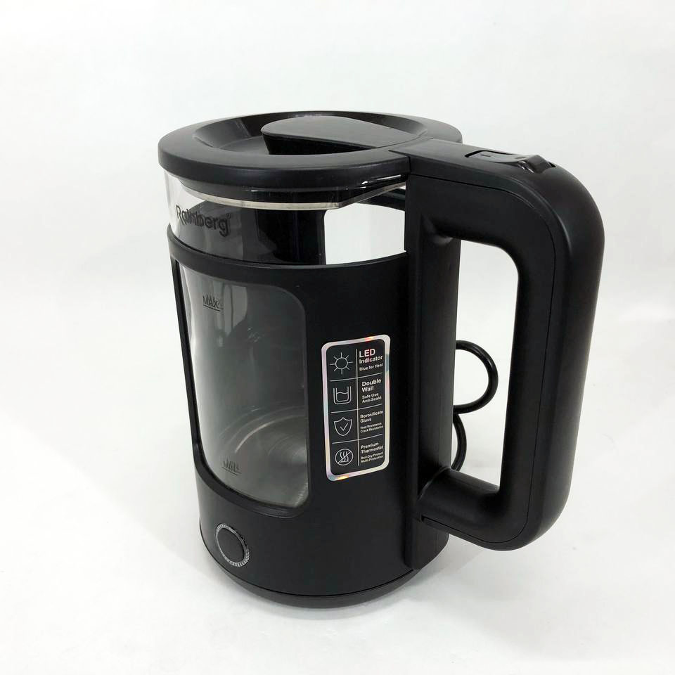 Электрочайник Rainberg RB-2220 стеклянный, дисковый прозрачный. Чайник с подсветкой 2200W. Цвет: черный