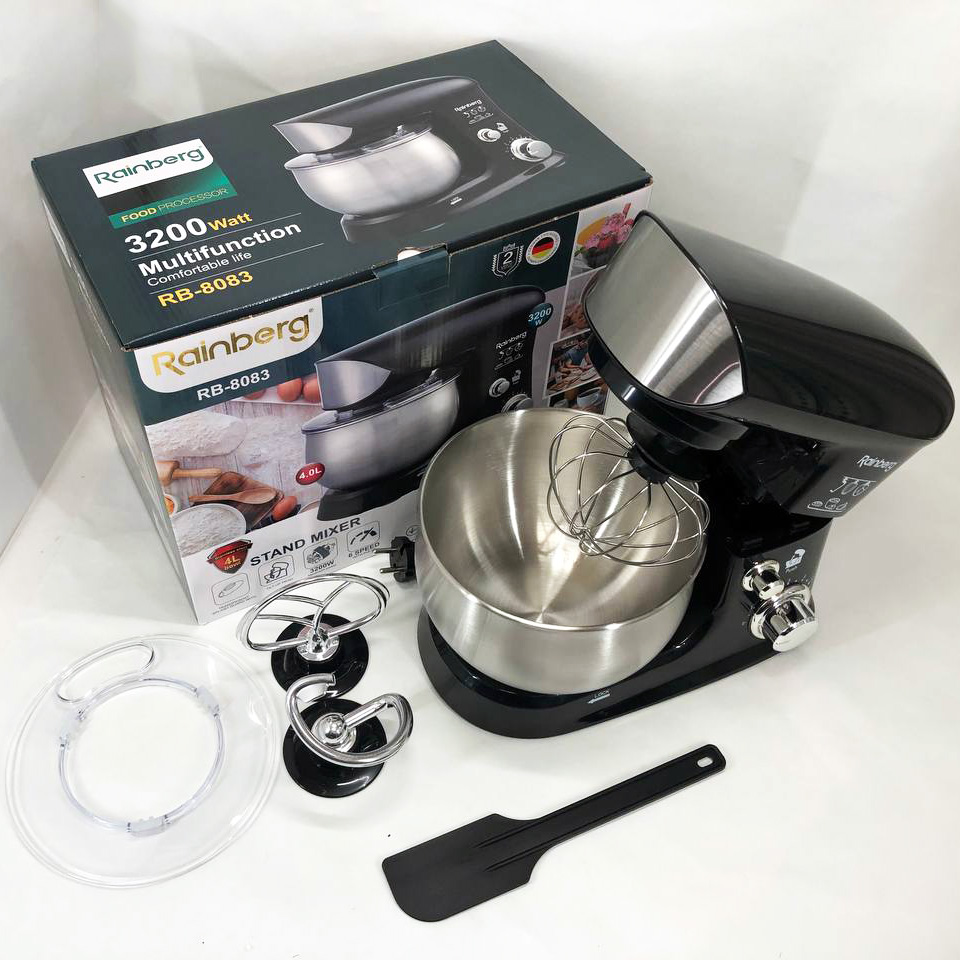Электрический планетарный миксер тестомес Rainberg RB-8083 3200 Вт с насадками. Цвет: черный