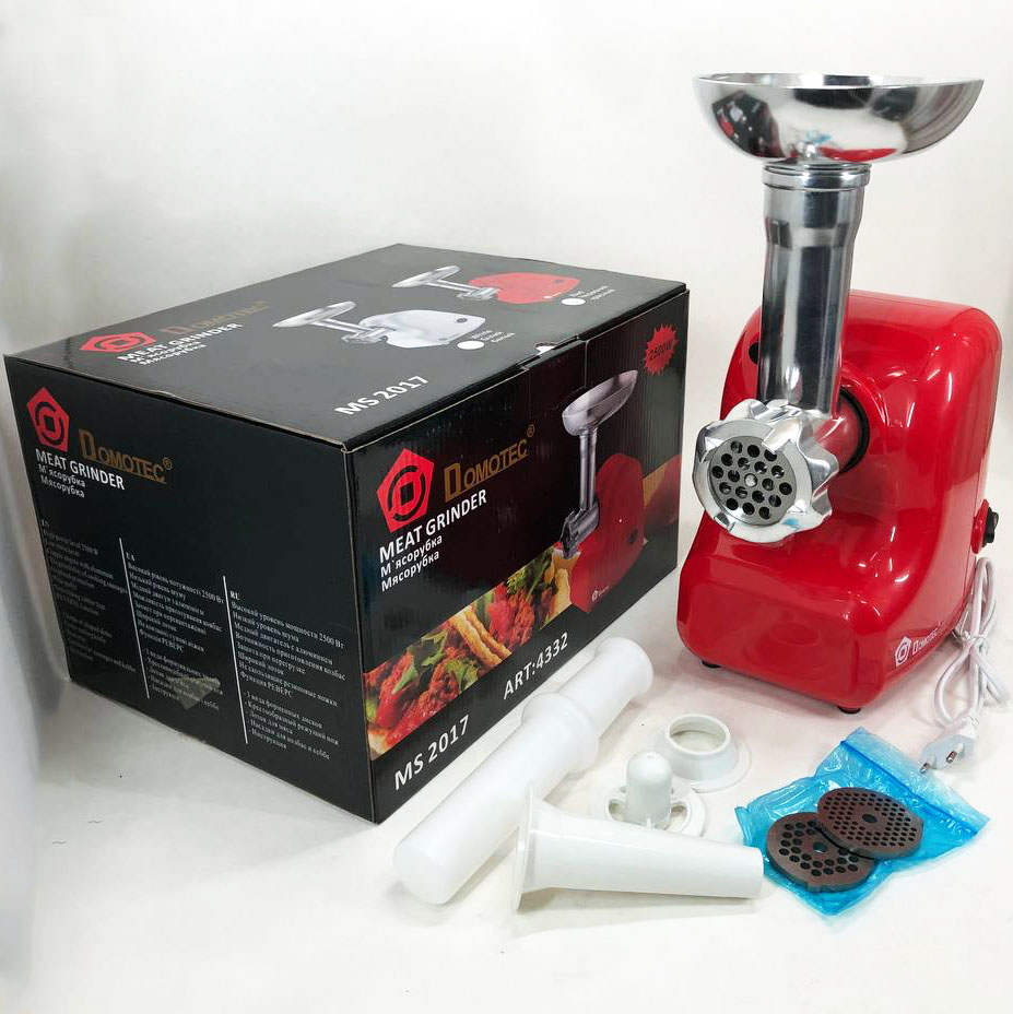 Кухонная электрическая мясорубка Domotec MS 2017 с реверсом 1500 W, мясорубка для шинковки. Цвет: красный