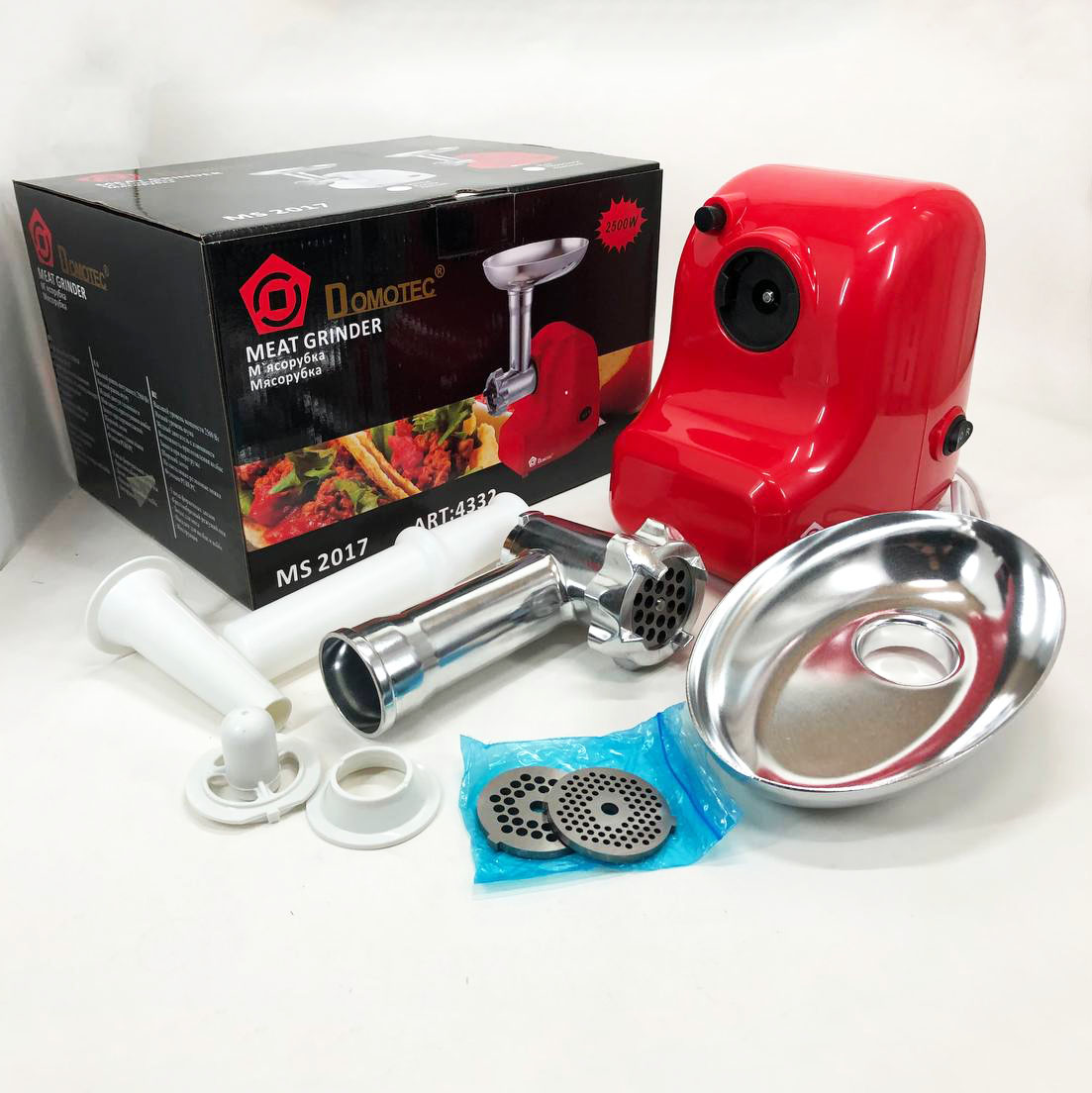 Кухонная электрическая мясорубка Domotec MS 2017 с реверсом 1500 W, мясорубка для шинковки. Цвет: красный