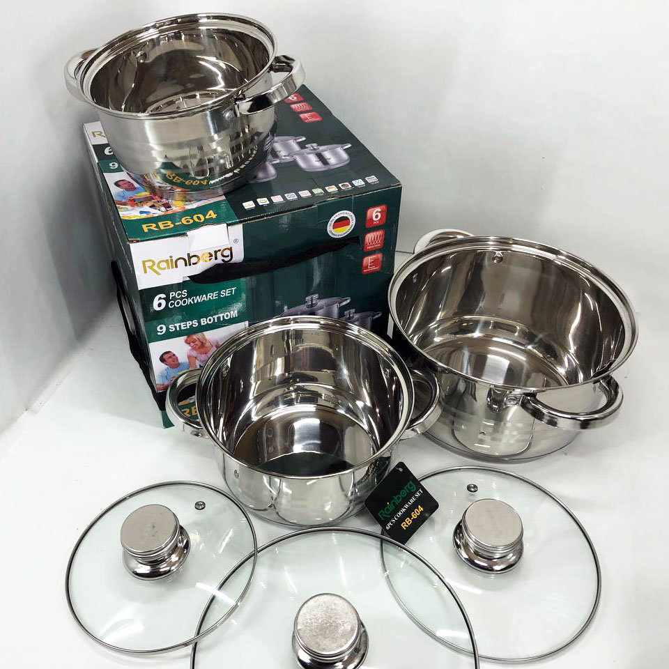 Набор кастрюль Rainberg RB-604 нержавеющая сталь, капсульное 9-ти слойное дно (3 кастрюли 3 крышки)