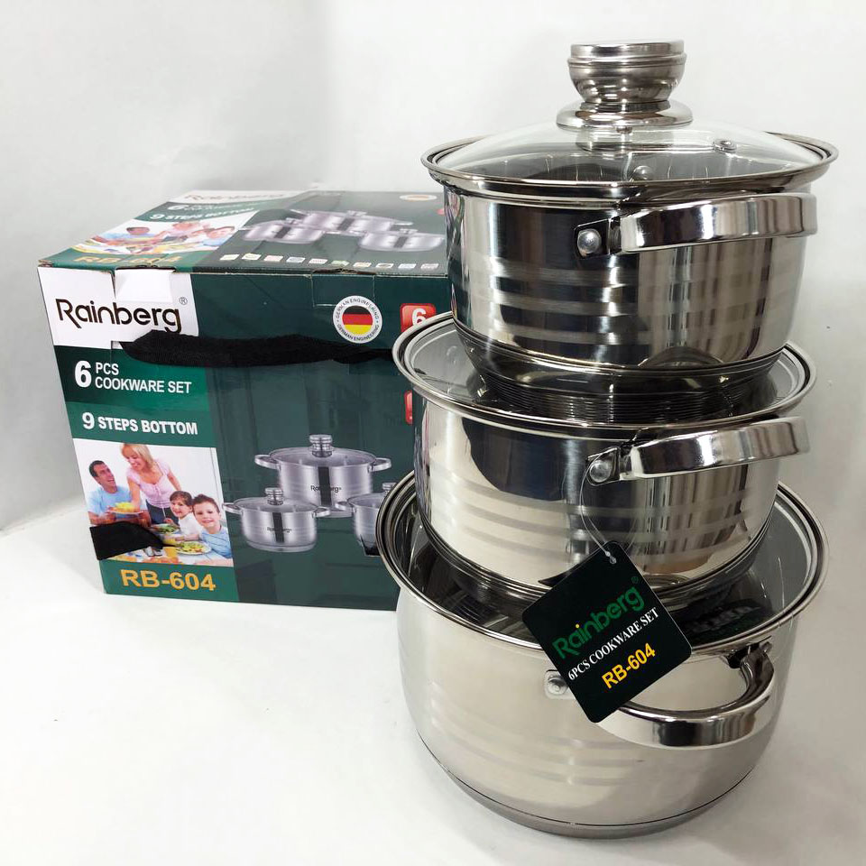 Набор кастрюль Rainberg RB-604 нержавеющая сталь, капсульное 9-ти слойное дно (3 кастрюли 3 крышки)