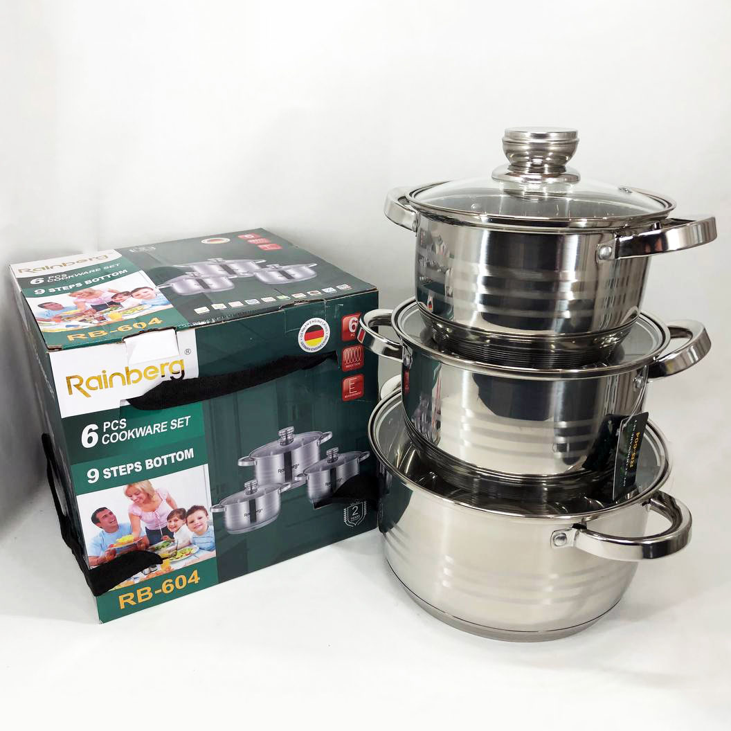Набор кастрюль Rainberg RB-604 нержавеющая сталь, капсульное 9-ти слойное дно (3 кастрюли 3 крышки)