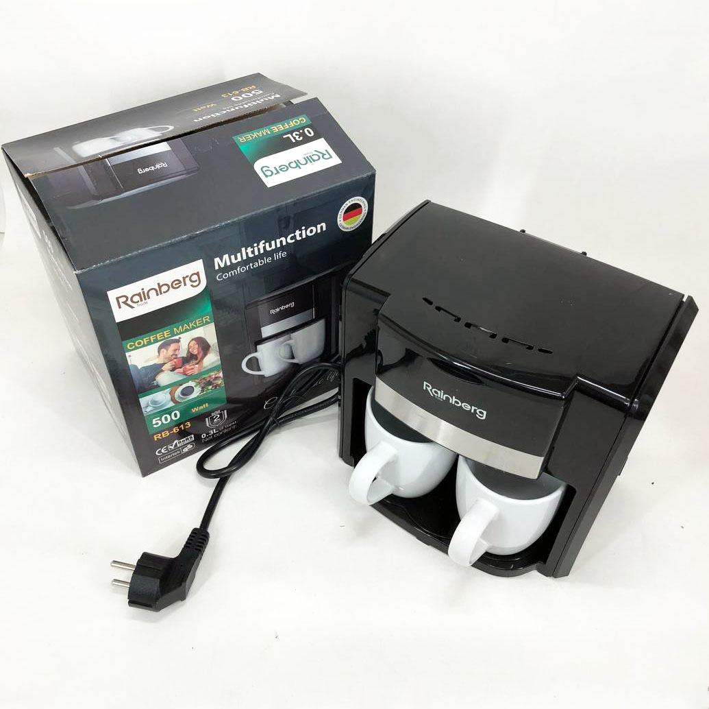 Кофеварка капельная Rainberg RB-613 (0,3 л, 500 Вт) с двумя керамическими чашками, маленькая кофемашина