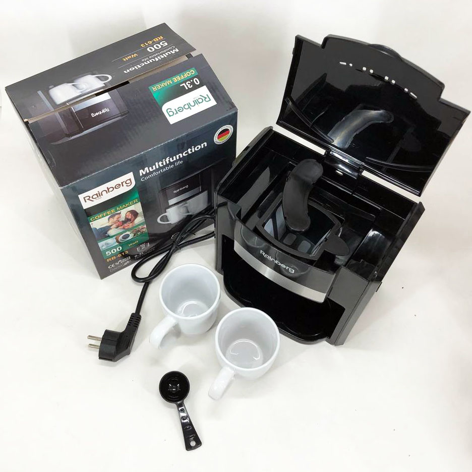 Кофеварка капельная Rainberg RB-613 (0,3 л, 500 Вт) с двумя керамическими чашками, маленькая кофемашина