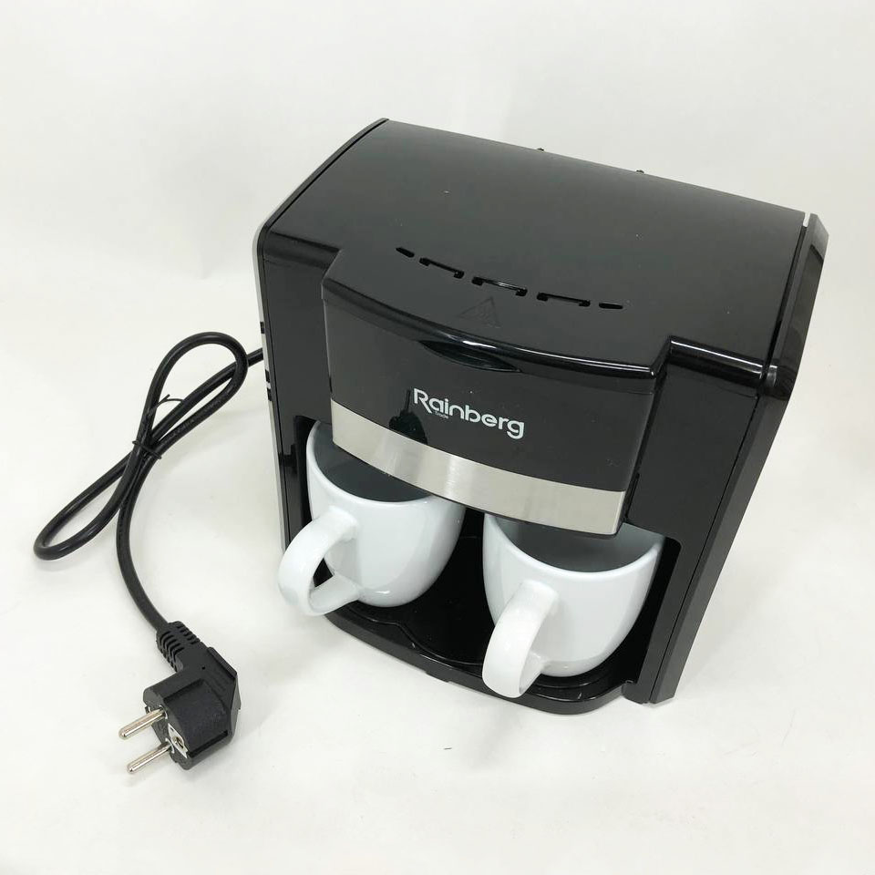 Кофеварка капельная Rainberg RB-613 (0,3 л, 500 Вт) с двумя керамическими чашками, маленькая кофемашина