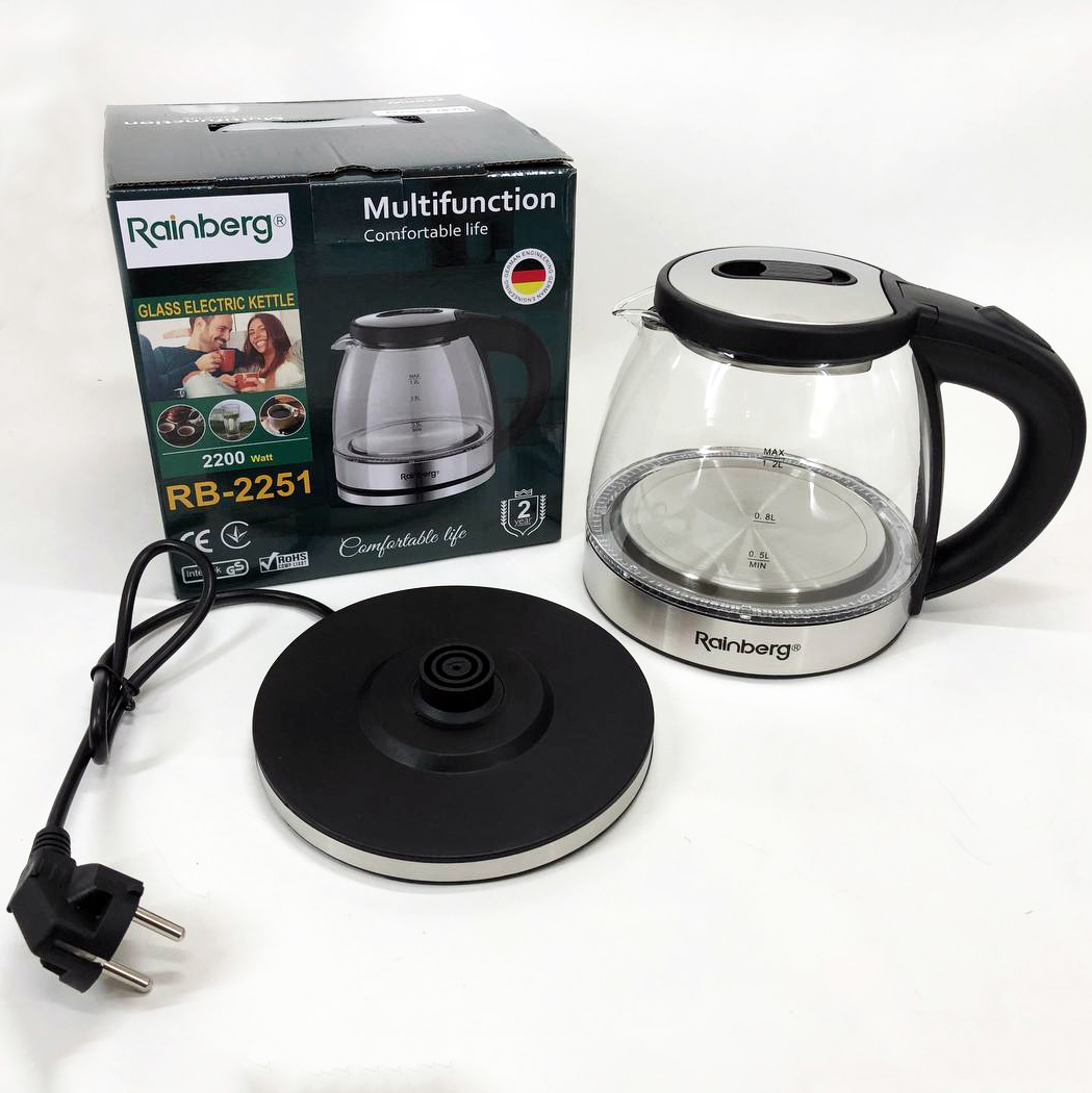 Электрочайник стеклянный Rainberg RB-2251  - 1л, стильный электрический чайник, бесшумный чайник