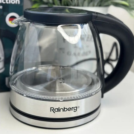 Электрочайник стеклянный Rainberg RB-2251  - 1л, стильный электрический чайник, бесшумный чайник