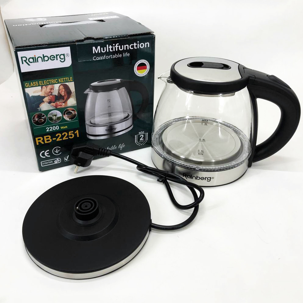 Электрочайник стеклянный Rainberg RB-2251  - 1л, стильный электрический чайник, бесшумный чайник