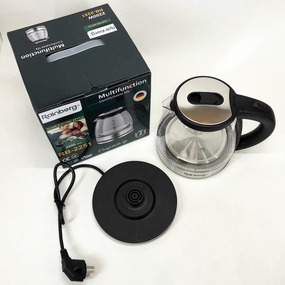Электрочайник стеклянный Rainberg RB-2251  - 1л, стильный электрический чайник, бесшумный чайник