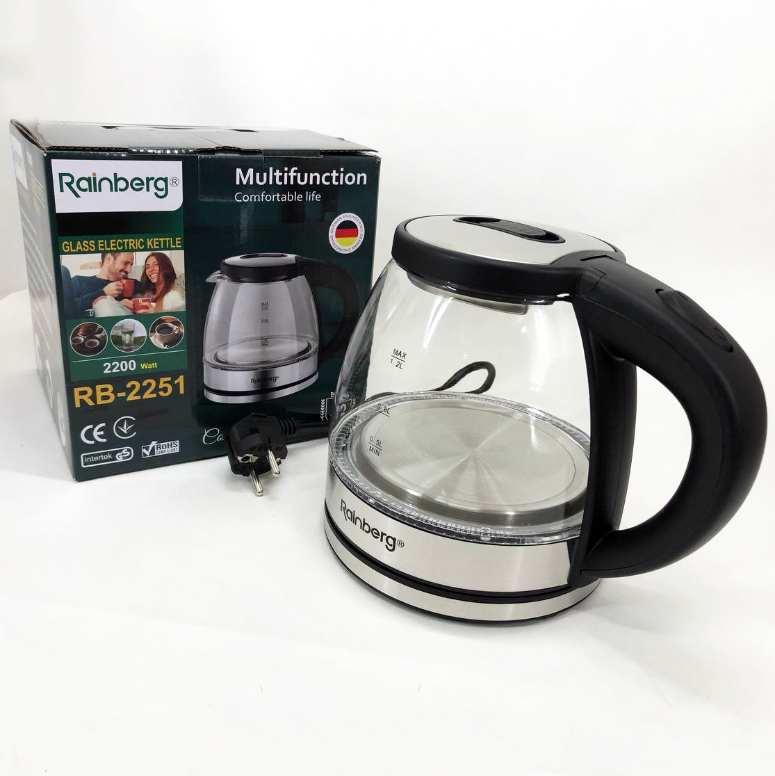 Электрочайник стеклянный Rainberg RB-2251  - 1л, стильный электрический чайник, бесшумный чайник