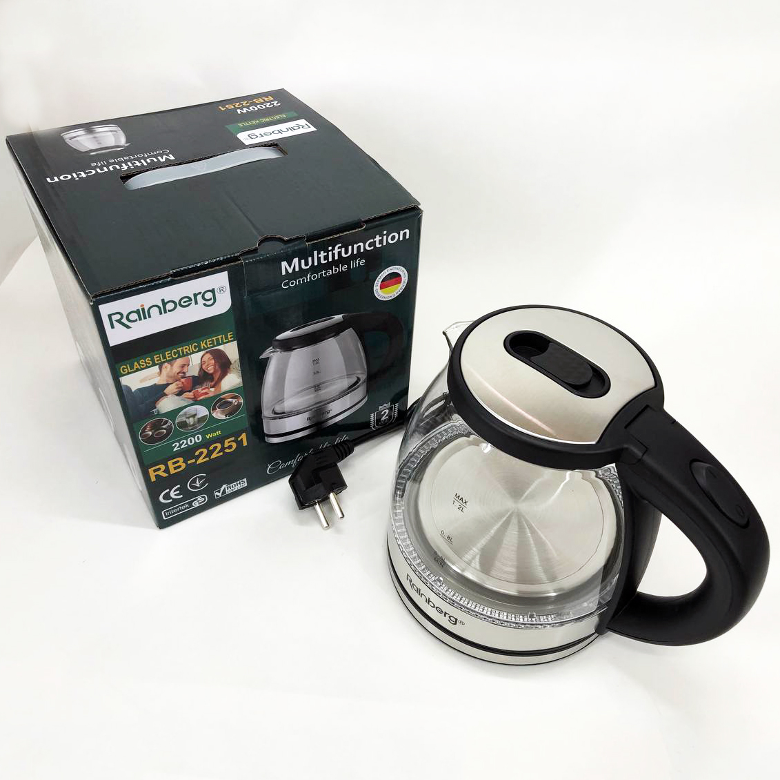 Электрочайник стеклянный Rainberg RB-2251  - 1л, стильный электрический чайник, бесшумный чайник