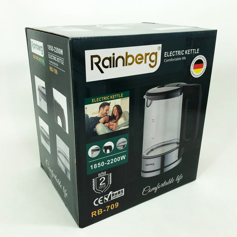 Дисковый электрический чайник Rainberg RB-709 стеклянный с подсветкой, бесшумный чайник. Цвет: черный