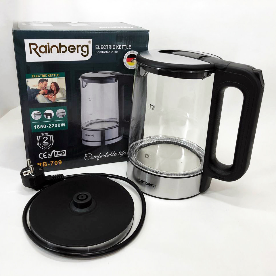 Дисковый электрический чайник Rainberg RB-709 стеклянный с подсветкой, бесшумный чайник. Цвет: черный