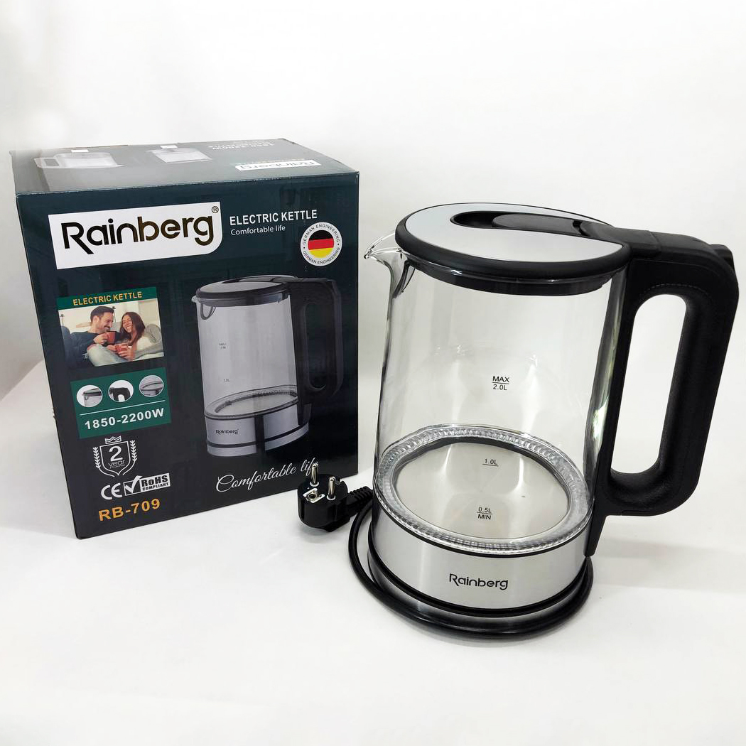 Дисковый электрический чайник Rainberg RB-709 стеклянный с подсветкой, бесшумный чайник. Цвет: черный