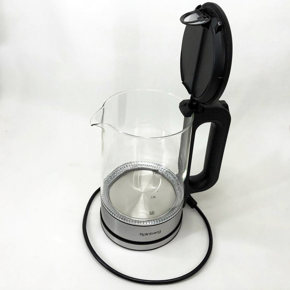 Дисковый электрический чайник Rainberg RB-709 стеклянный с подсветкой, бесшумный чайник. Цвет: черный