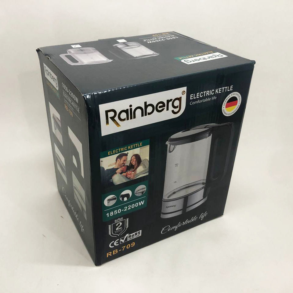 Дисковый электрический чайник Rainberg RB-709 стеклянный с подсветкой, чайник електро. Цвет: белый