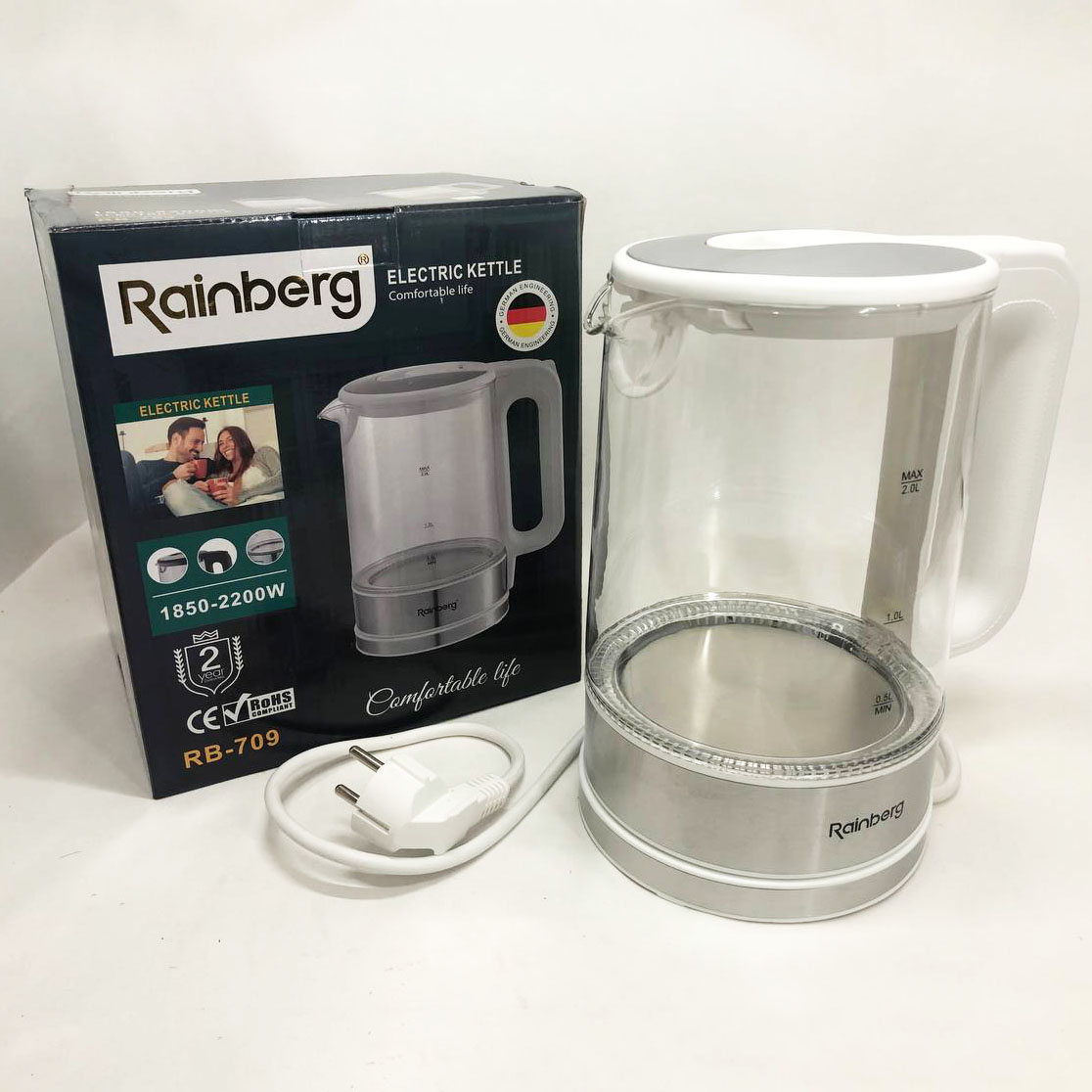 Дисковый электрический чайник Rainberg RB-709 стеклянный с подсветкой, чайник електро. Цвет: белый