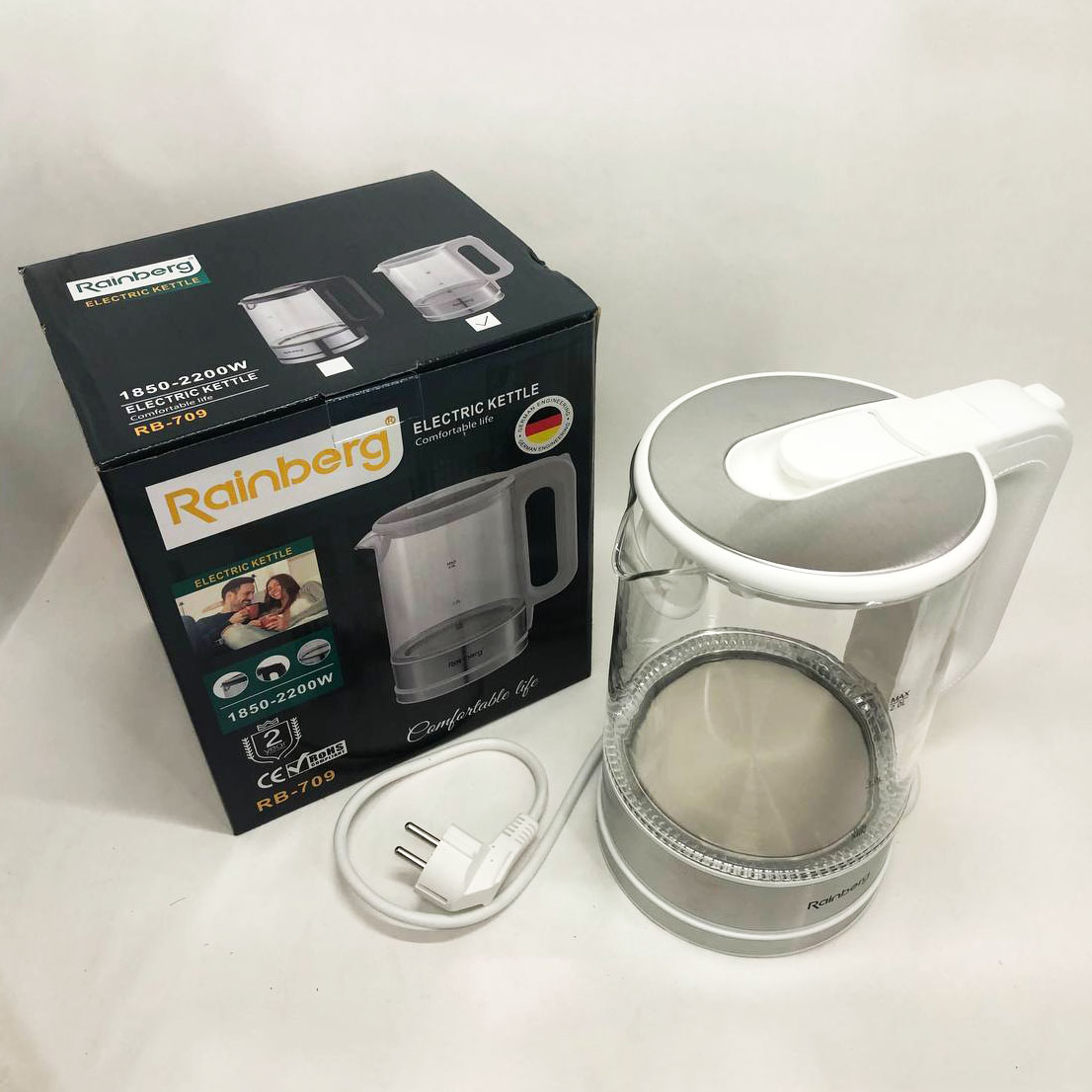Дисковый электрический чайник Rainberg RB-709 стеклянный с подсветкой, чайник електро. Цвет: белый