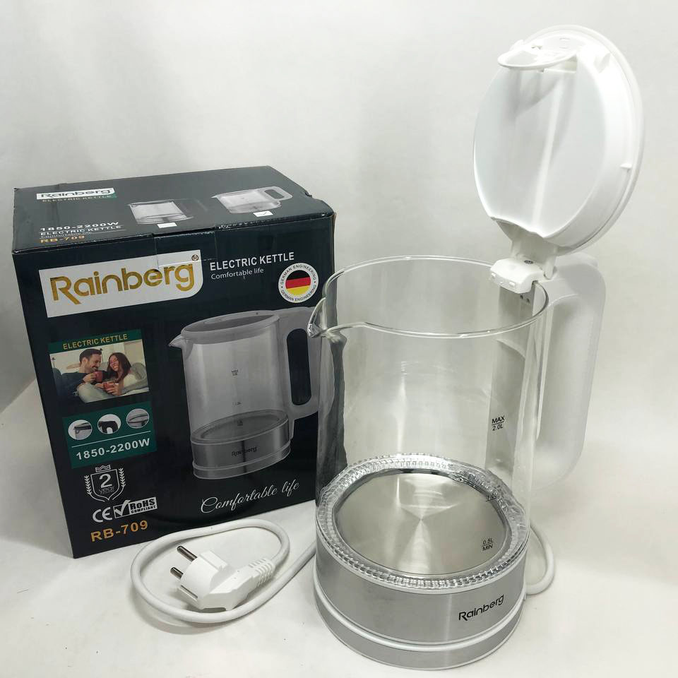 Дисковый электрический чайник Rainberg RB-709 стеклянный с подсветкой, чайник електро. Цвет: белый