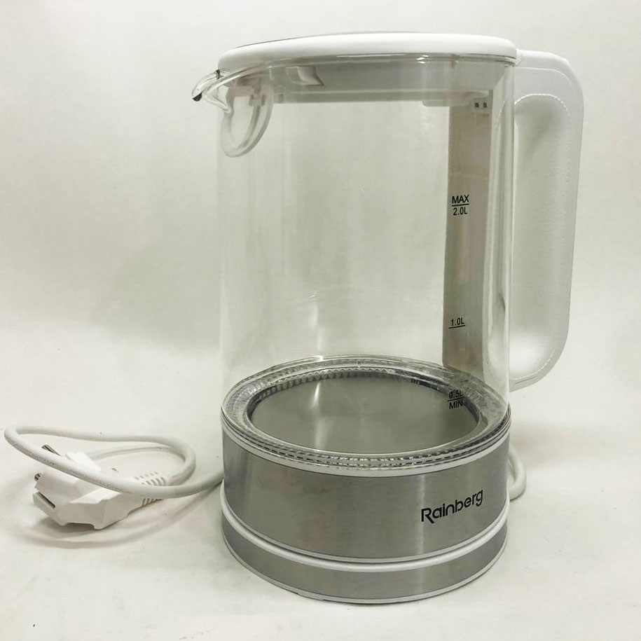 Дисковый электрический чайник Rainberg RB-709 стеклянный с подсветкой, чайник електро. Цвет: белый