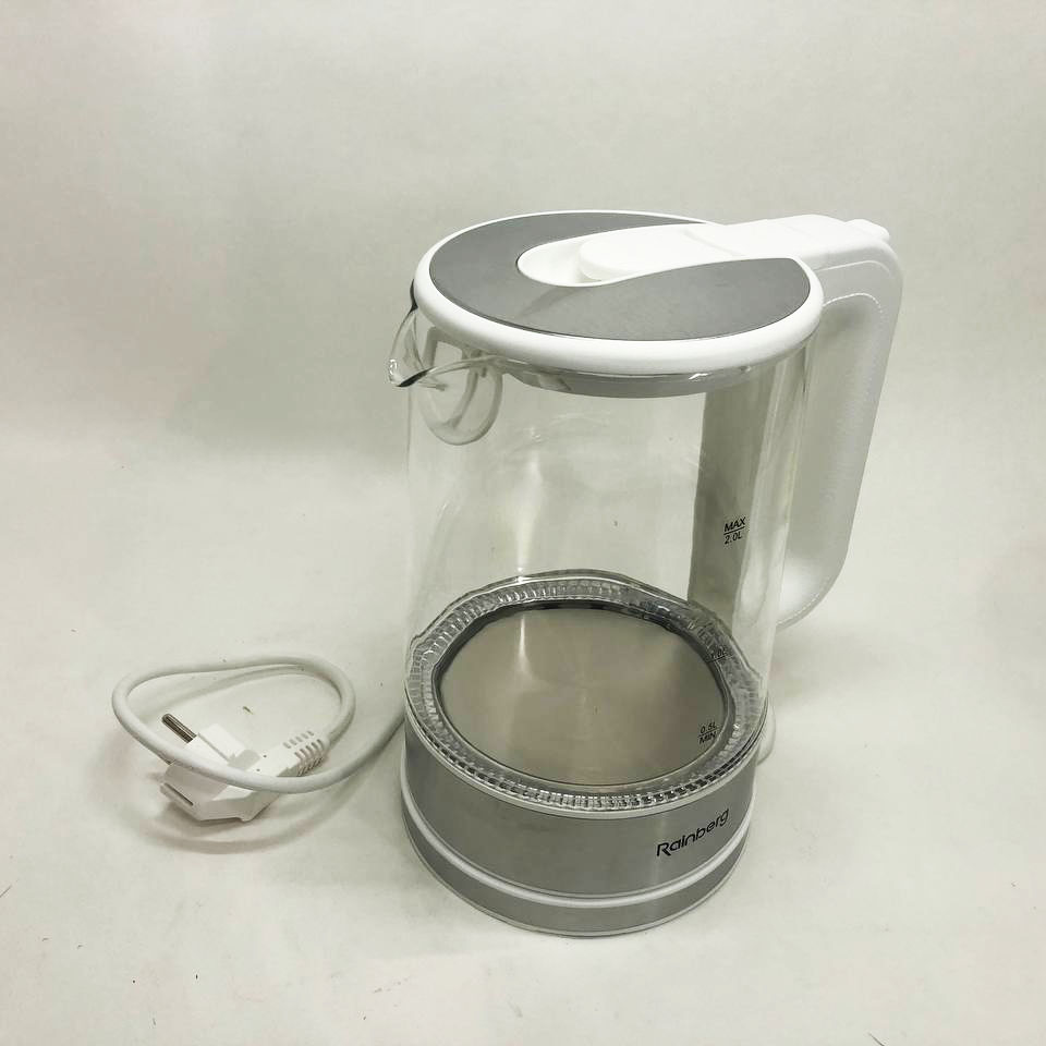 Дисковый электрический чайник Rainberg RB-709 стеклянный с подсветкой, чайник електро. Цвет: белый