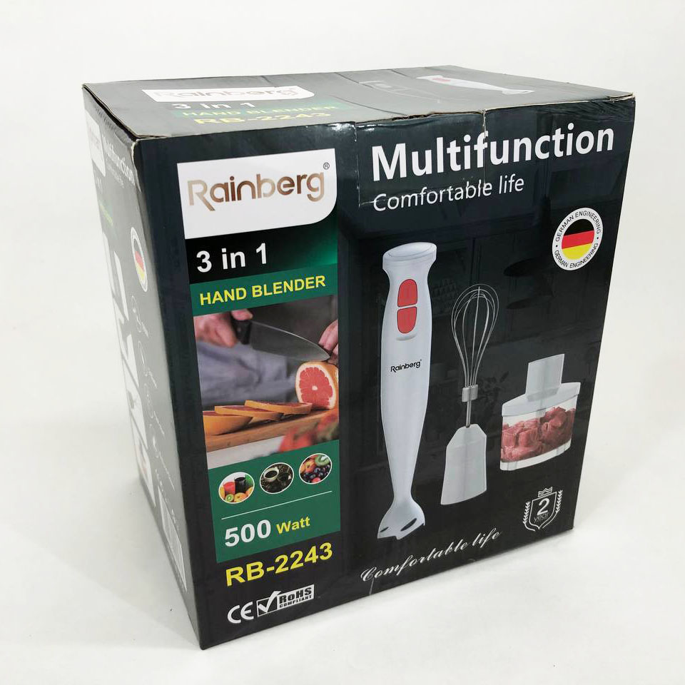 Блендер 3в1 Rainberg RB-2243 500W погружной блендер измельчитель для молочных коктейлей. Цвет: белый