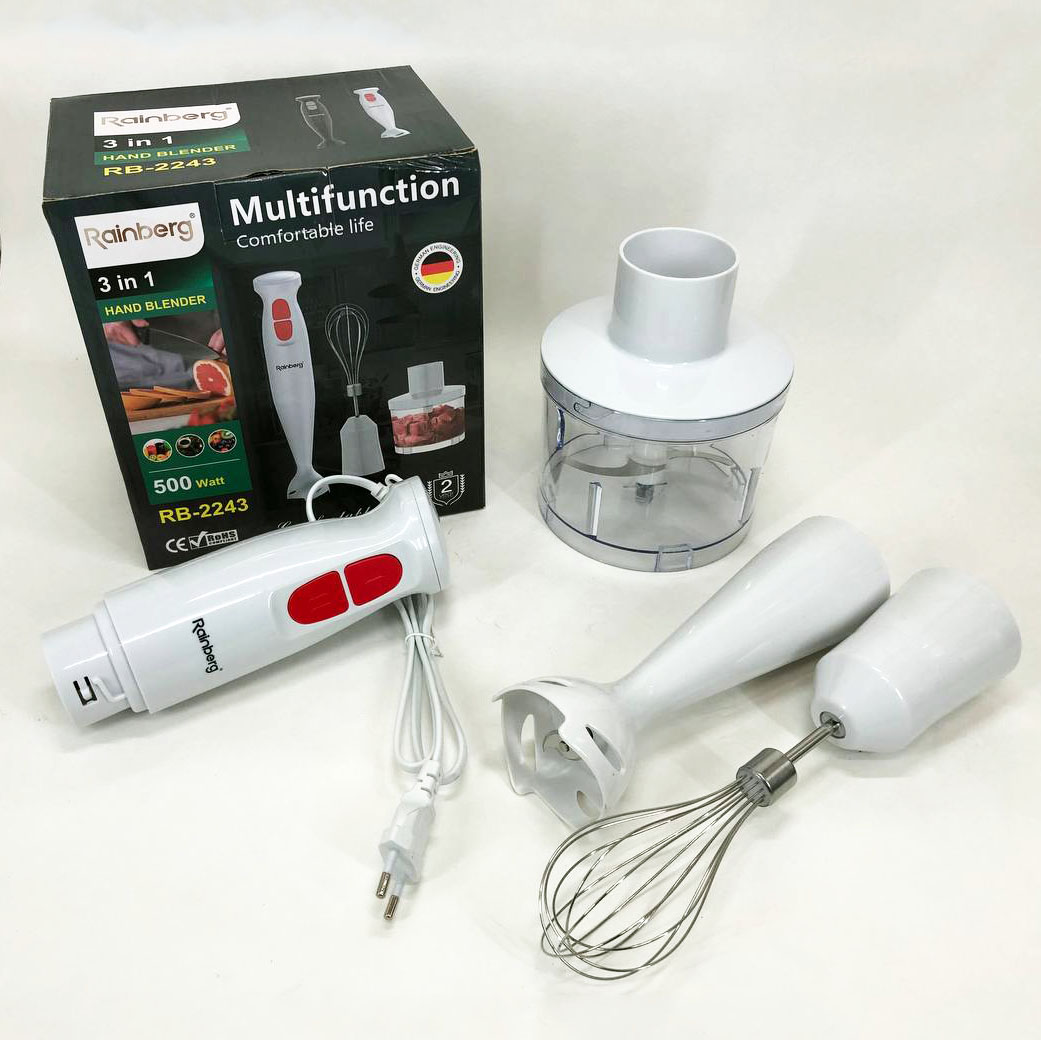 Блендер 3в1 Rainberg RB-2243 500W погружной блендер измельчитель для молочных коктейлей. Цвет: белый