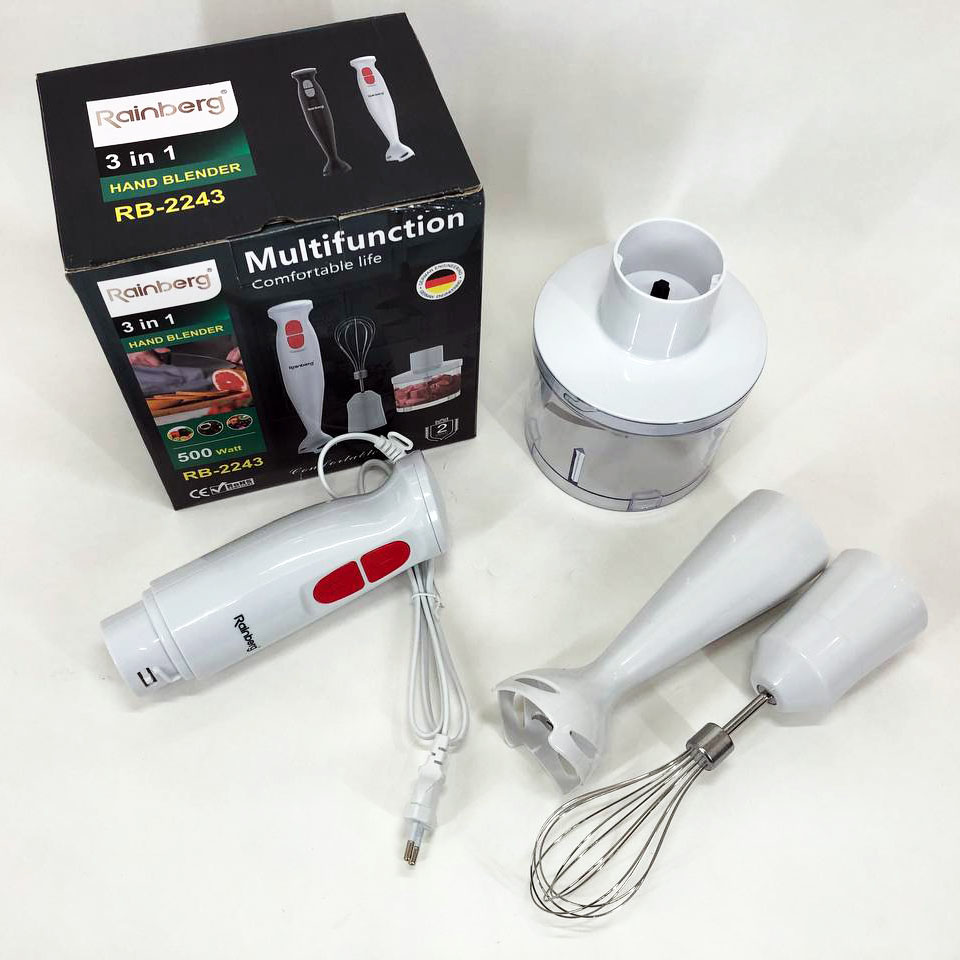 Блендер 3в1 Rainberg RB-2243 500W погружной блендер измельчитель для молочных коктейлей. Цвет: белый