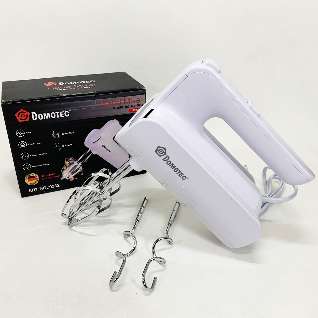 Ручной миксер Domotec R.6653W кухонный миксер с насадками 5 скоростей 800 Вт белый