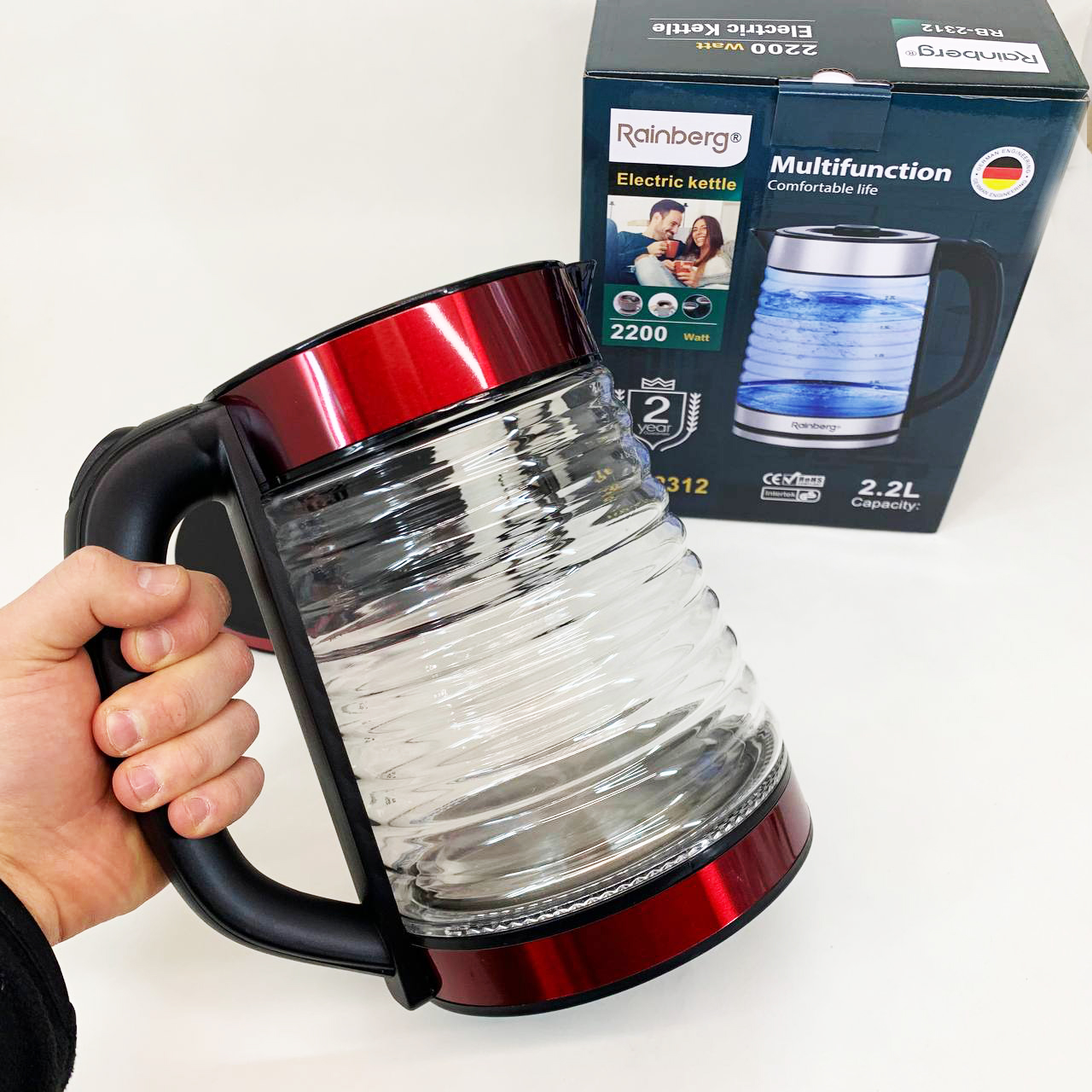 Электрочайник Rainberg RB-2312 стеклянный дисковый чайник 2.2л 2200Вт Red